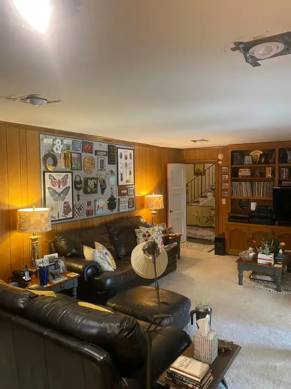 Den with wood paneling and a wall of framed collectibles, Franklin, TN