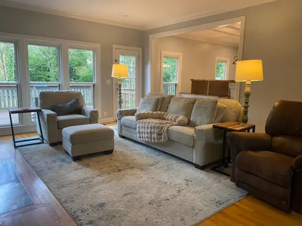 Family room with light gray walls and a wall of windows, Franklin, TN