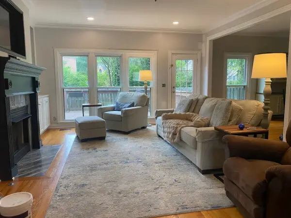 Family room with light gray walls and French doors, Franklin, TN