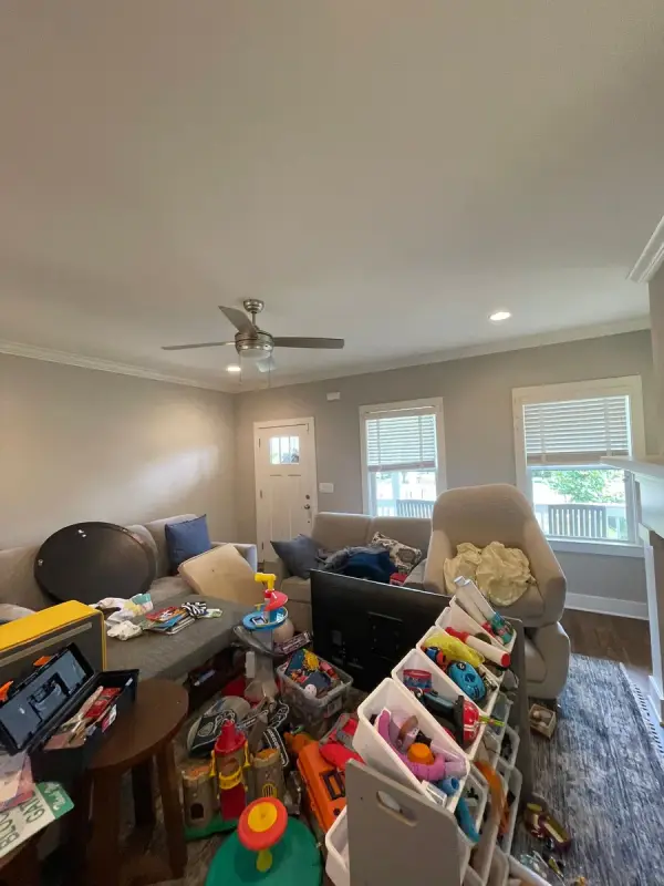 Gray living room with white trim and ceiling fan, The Nations, Nashville, TN