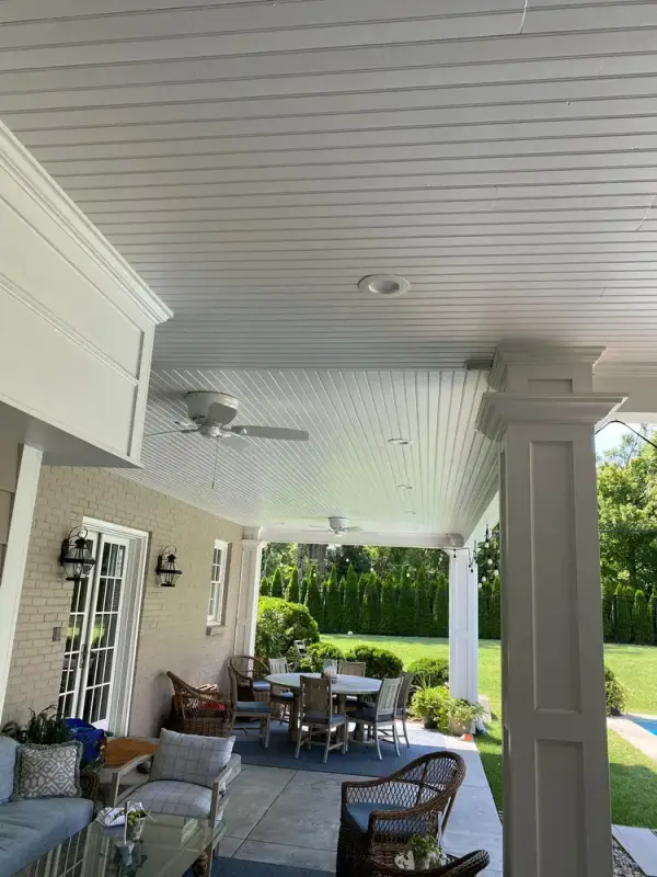 Covered porch with white beadboard ceiling and square column, Belle Meade, TN