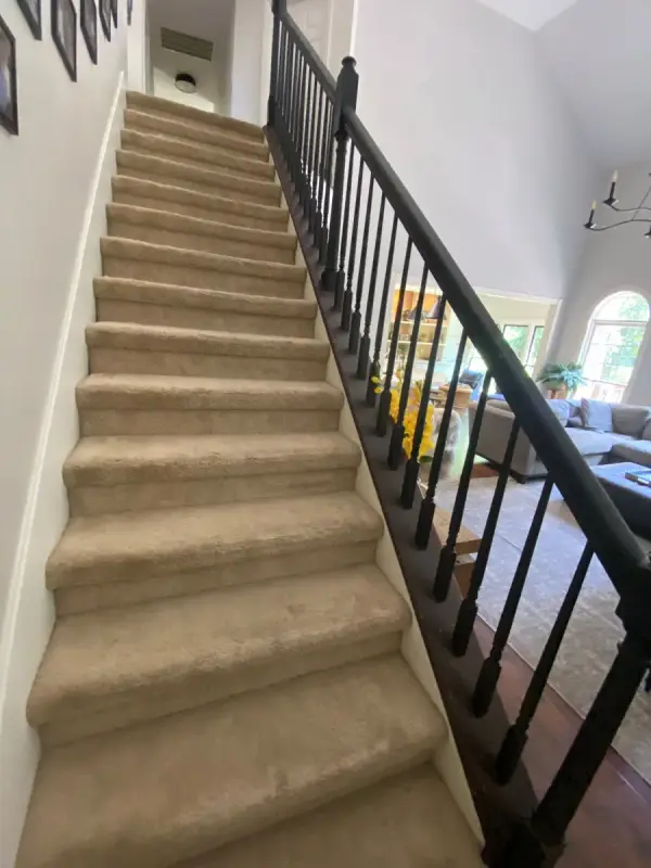 Carpeted staircase with black balusters and handrail, Franklin, TN