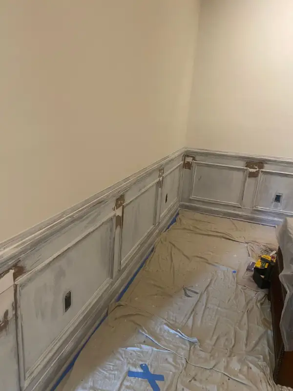 Wainscoting panels patched and taped with the floor under drop cloths, Brentwood, TN