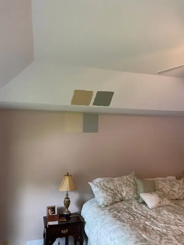Paint swatches on wall and tray ceiling above a bed, Bellevue, TN