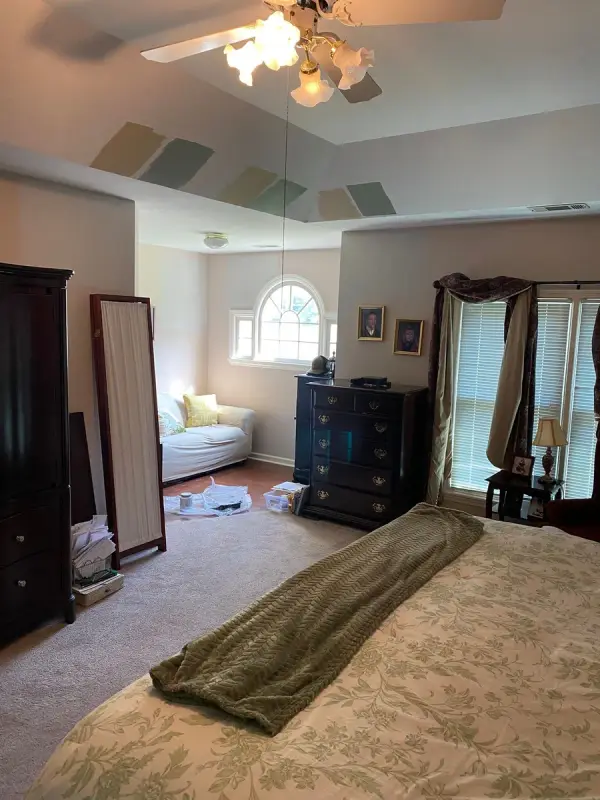 Paint swatches along the tray ceiling, room still furnished, Bellevue, TN
