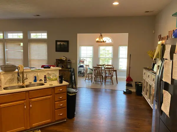 Kitchen sink wall with tan walls, breakfast room beyond, Bellevue, TN