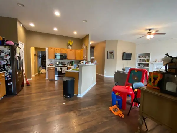 Kitchen and family room with tan and gray walls, Bellevue, TN