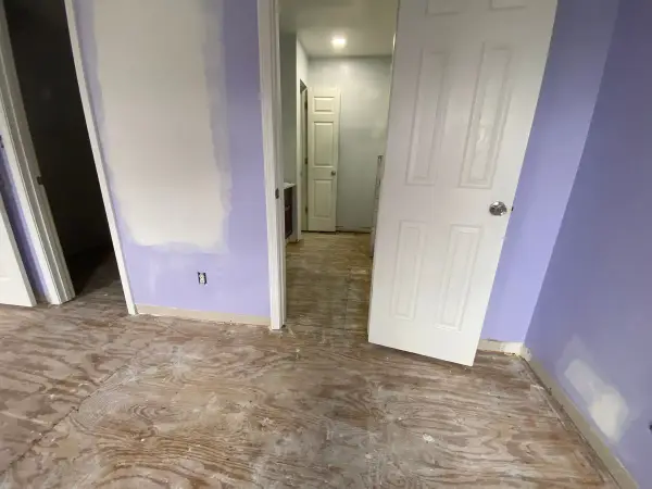 Lavender walls beside white doors over a bare subfloor, Pleasant View, TN