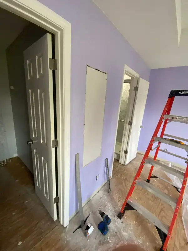 Lavender walls and a ladder in a small room, Pleasant View, TN