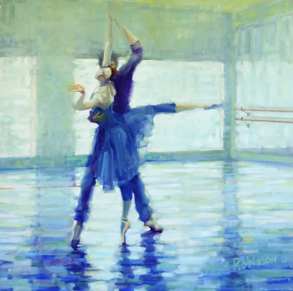 Two dancers in blue mid-lift in a sunlit studio, by Alan Robinson