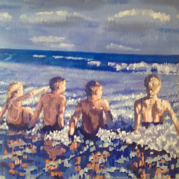 Four swimmers seen from behind in a bright blue surf, by Alan Robinson