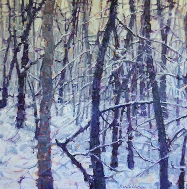 Dark trunks in a woods dusted with blue-white snow, by Alan Robinson