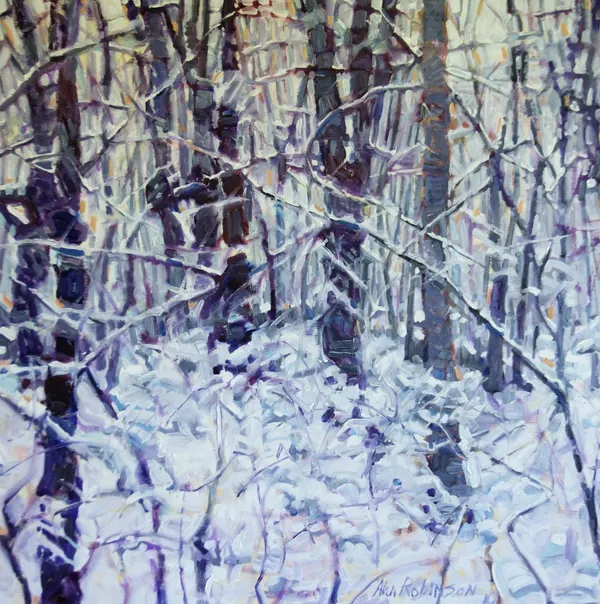 A snowy woods of violet trunks and pale blue shadow, by Alan Robinson
