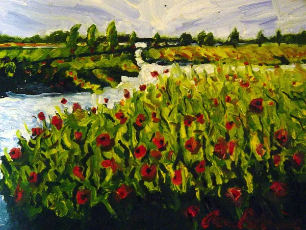 Red wildflowers crowding the bank of a winding stream, by Alan Robinson