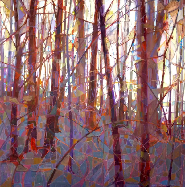 Red-barked trees broken into stained-glass shards of color, by Alan Robinson