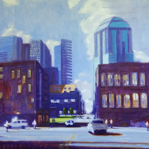 City towers in violet and blue around a small green square, by Alan Robinson