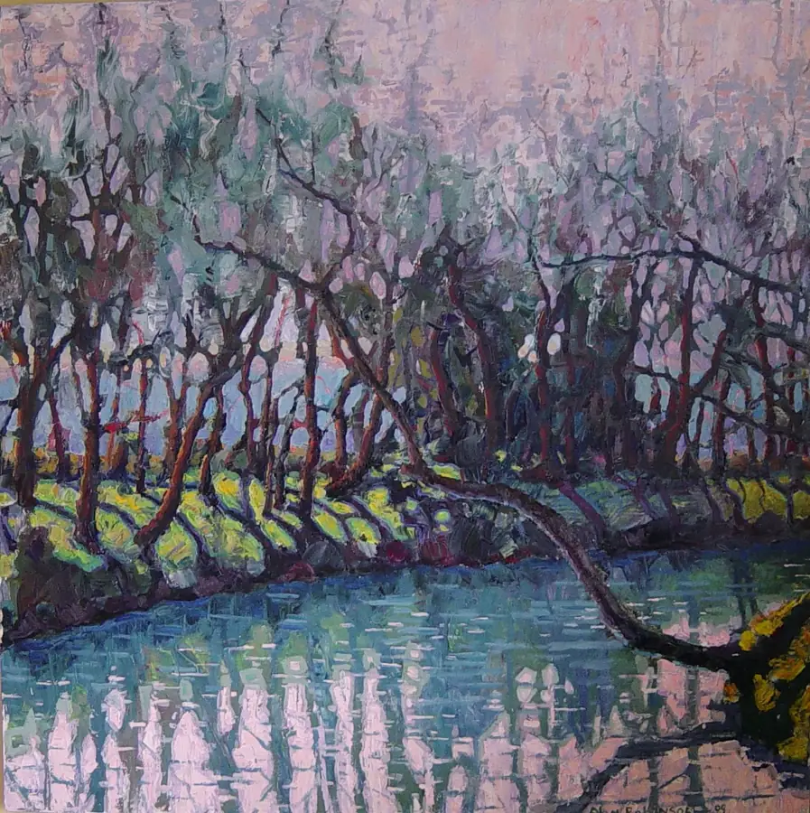 Bare trees in violet and rose light over the still Harpeth River, by Alan Robinson