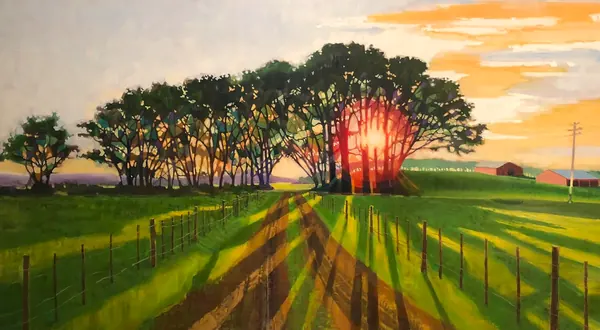 A row of trees backlit by a red sunset over a striped green field, by Alan Robinson