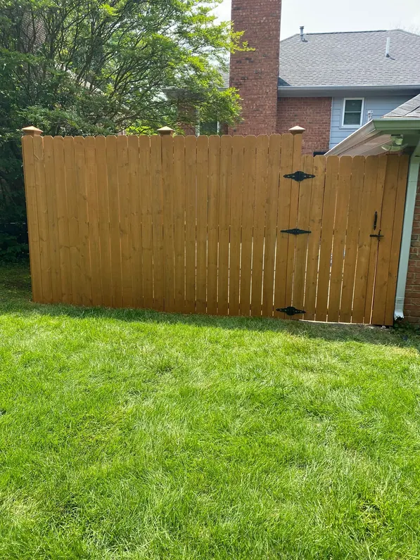 Stained privacy fence with a black-hinged gate across a green lawn, the kind of detail that shapes a Franklin fence staining estimate