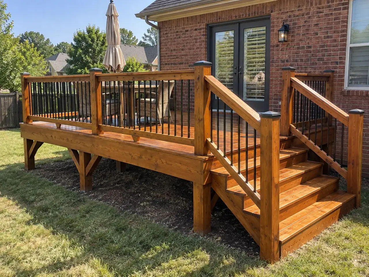 Raised deck on a red-brick home, stained warm cedar, with capped posts and a railed stair, part of the deck staining we do for Belle Meade homes