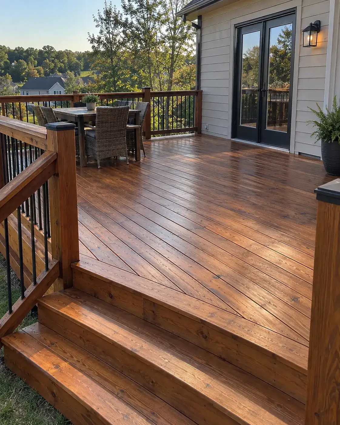 Deck stained a deep cedar tone, with a short stair and railings, part of the deck staining we do for Belle Meade homes
