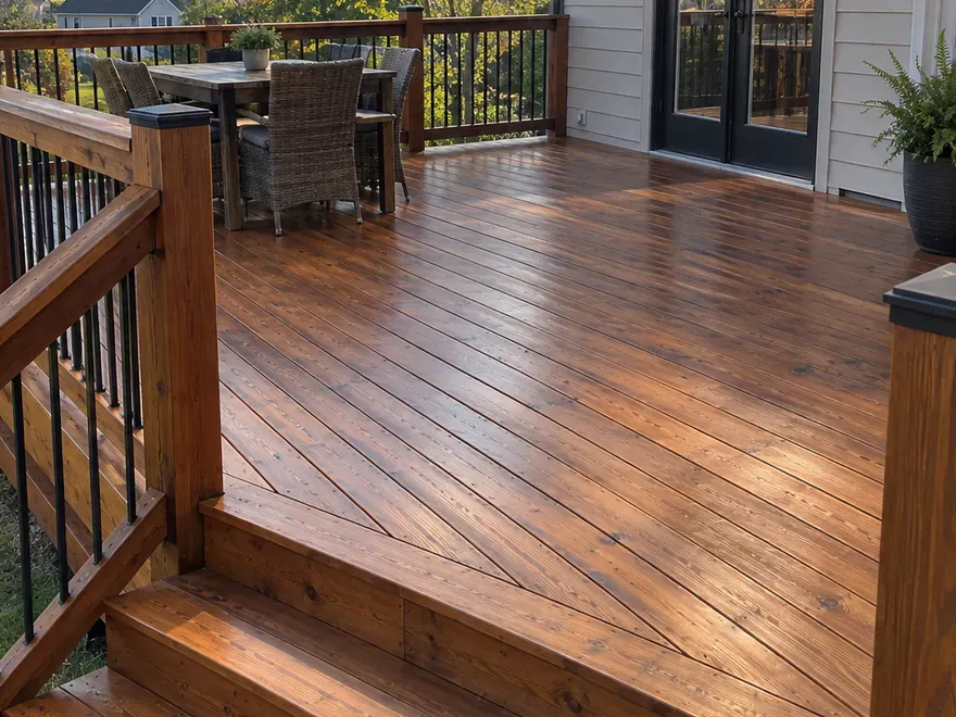Deck boards laid on the diagonal, stained evenly with the grain still showing, the kind of detail that shapes a Belle Meade deck staining estimate