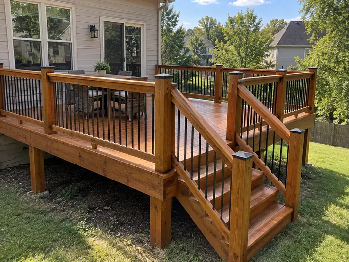 Raised deck with freshly stained boards and rails and black balusters, part of the deck staining we do for Belle Meade homes