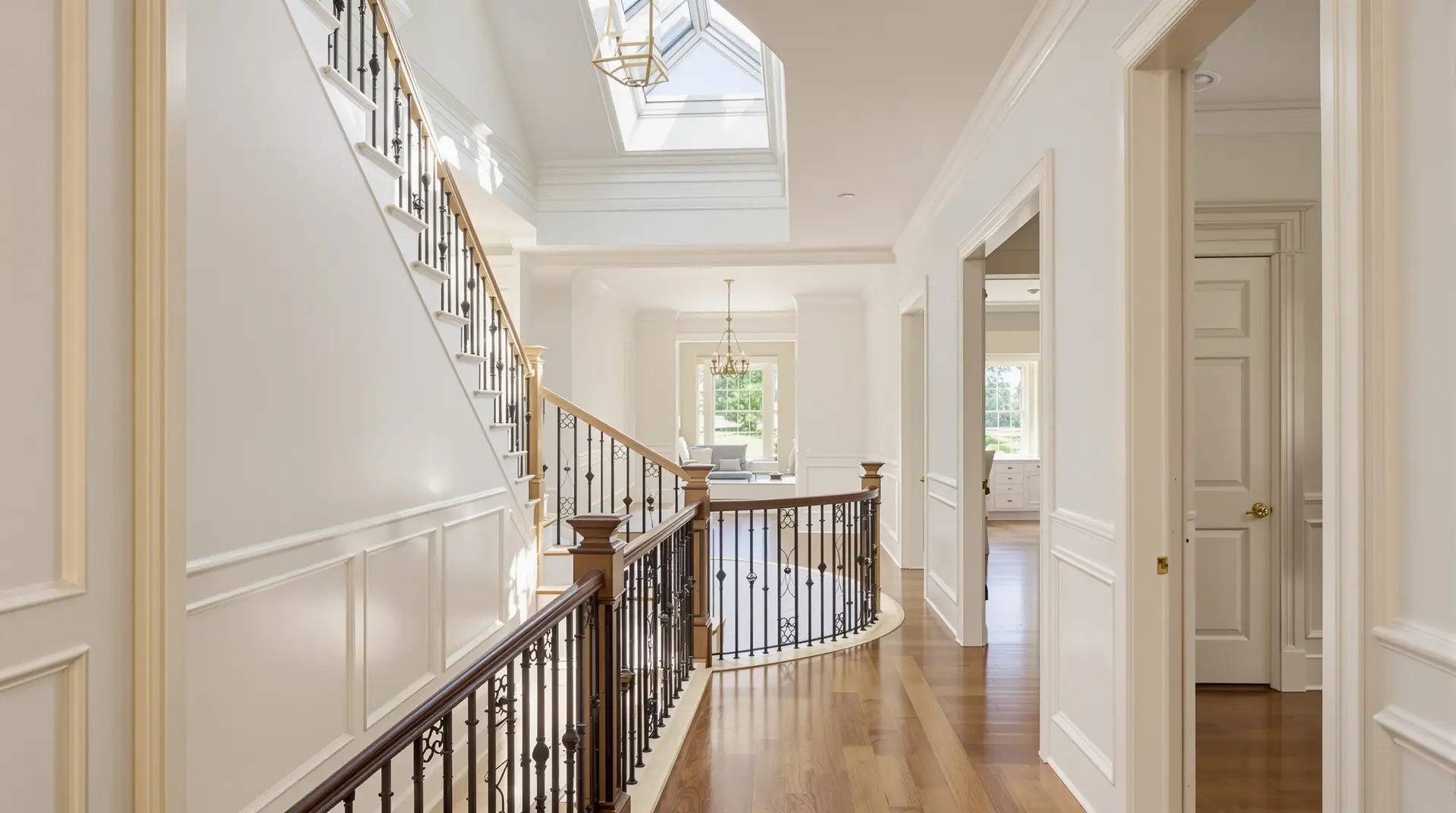 Illustrative stair hall with painted paneling, balusters and white trim, interior painting for your Bellevue home