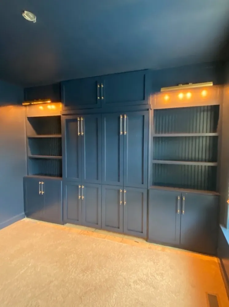Blue painted built-ins and cabinetry — cabinet-grade finish by Alan Robinson