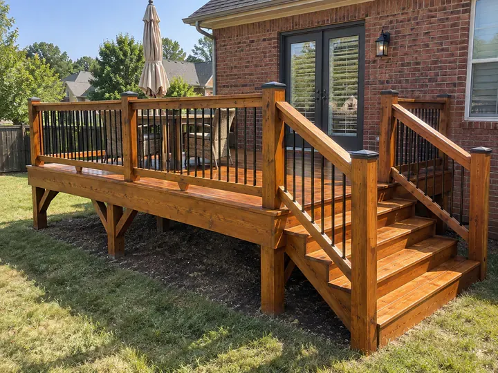Stained deck rails and posts with black metal balusters against a red-brick house, part of the deck staining we do for Bellevue homes