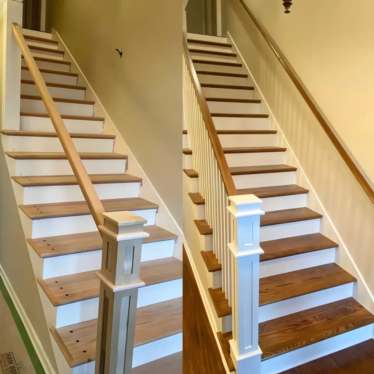 Stairway shown mid-project and finished, with stained treads, white risers and a stained handrail, part of the interior painting we do for Bellevue homes