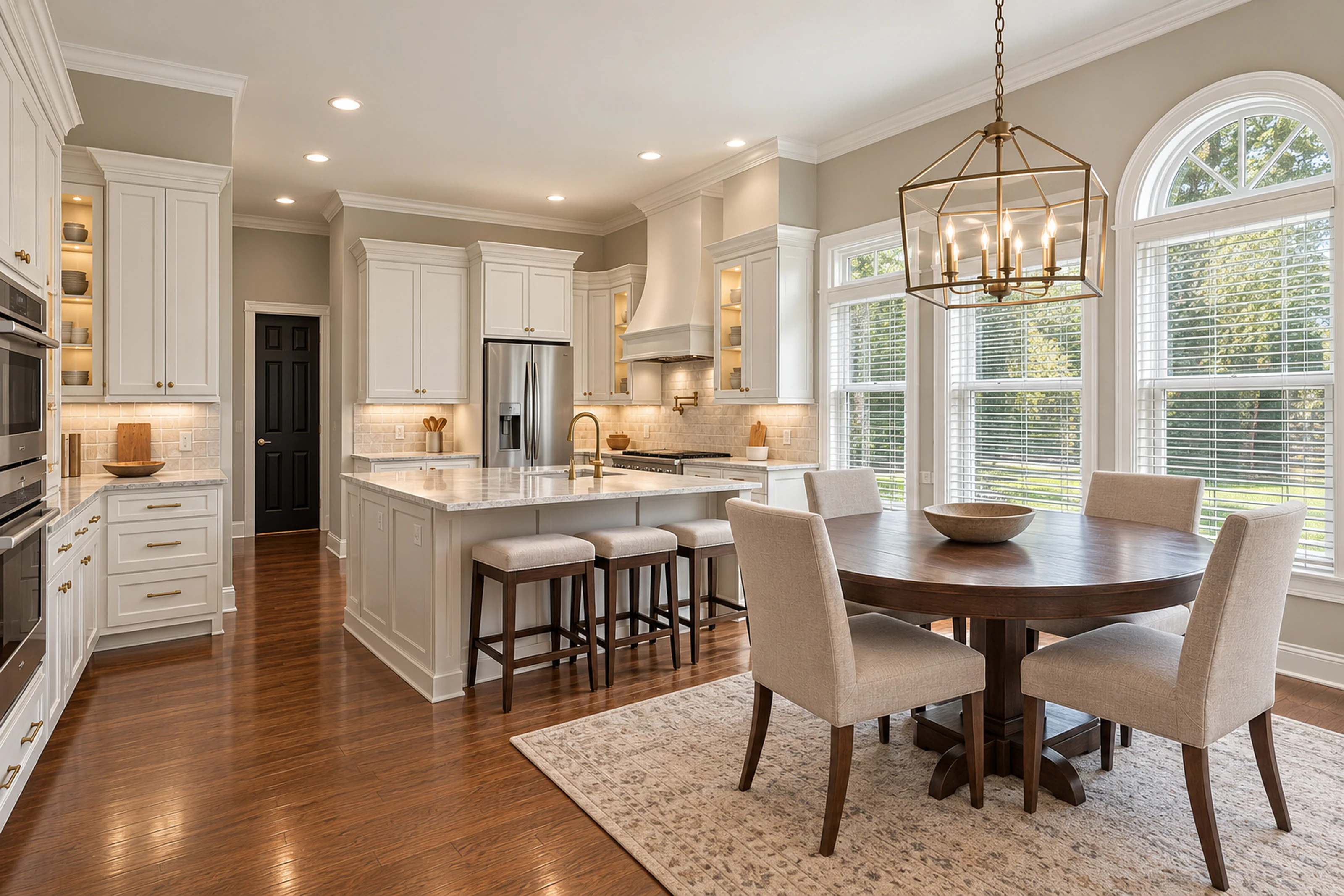 Illustrative kitchen with white painted cabinets and a breakfast nook under arched windows, cabinet painting for Nashville homes