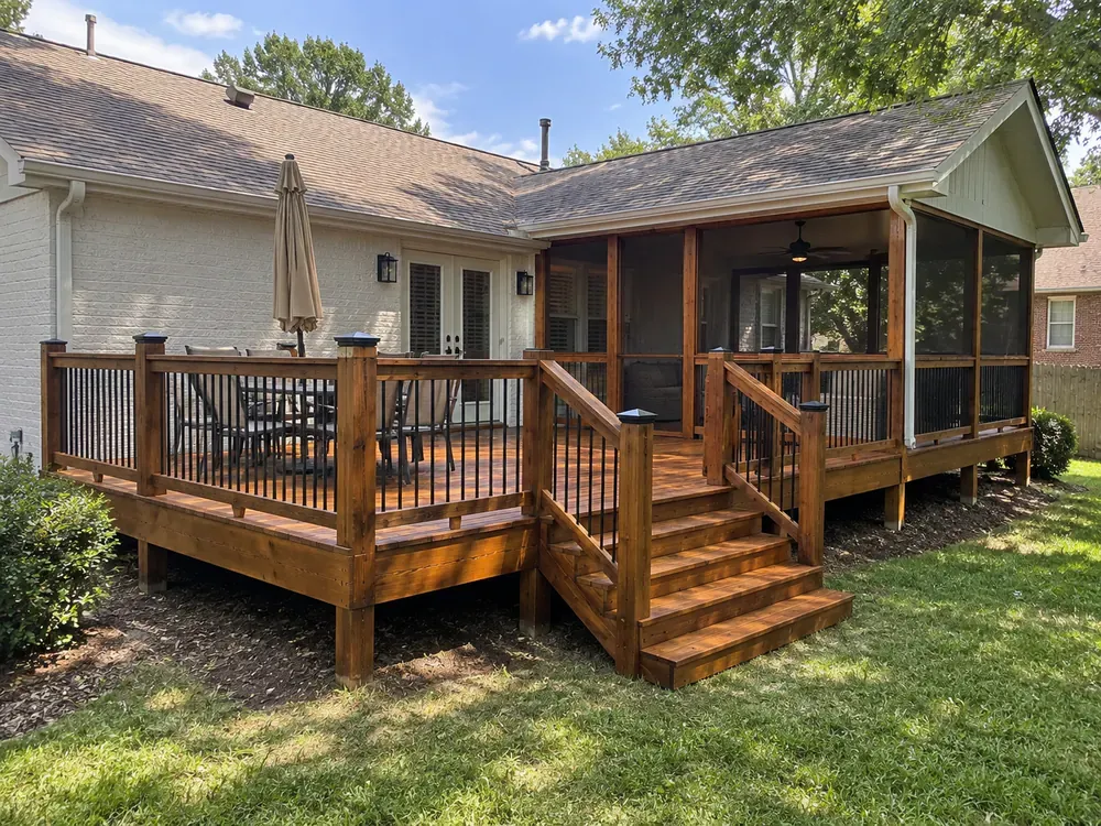 Cedar deck wrapping a screened porch, stained a warm cedar tone, part of the deck staining we do for Bellevue homes