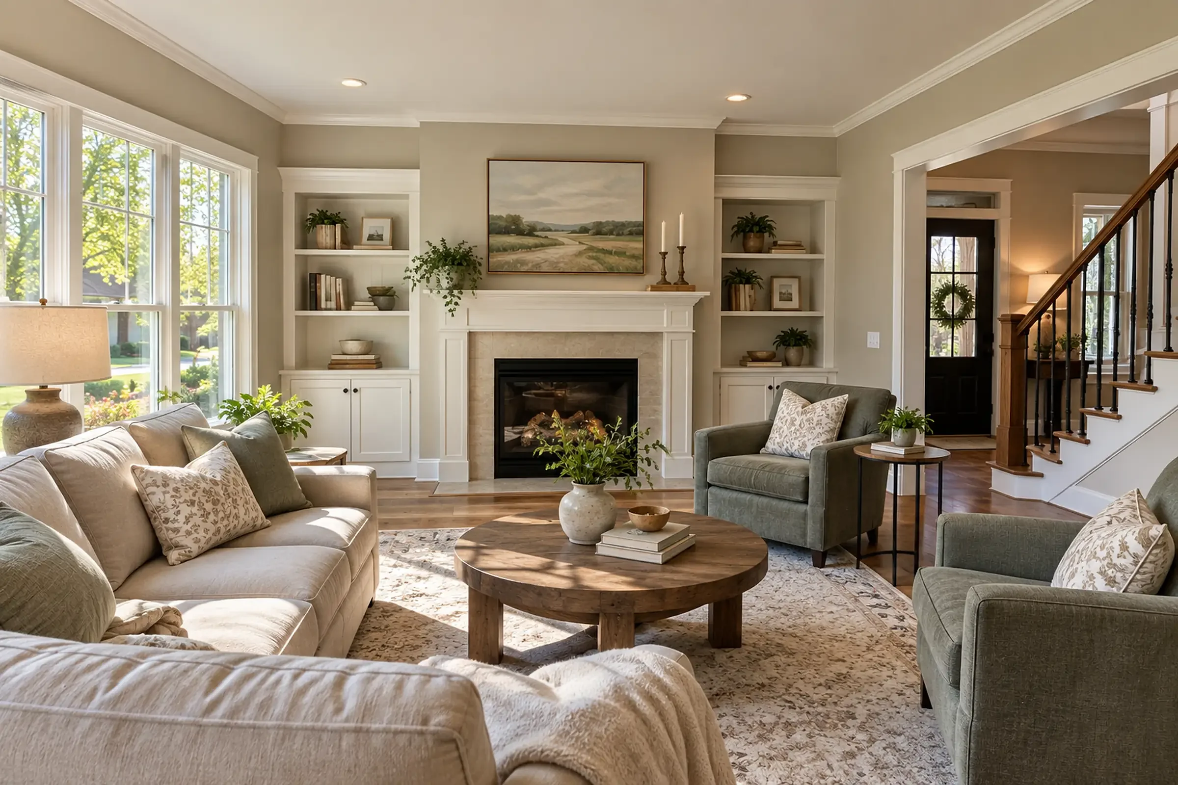 Illustrative living room with a painted fireplace surround, flanking built-ins and a staircase beyond, interior painting for Franklin homes