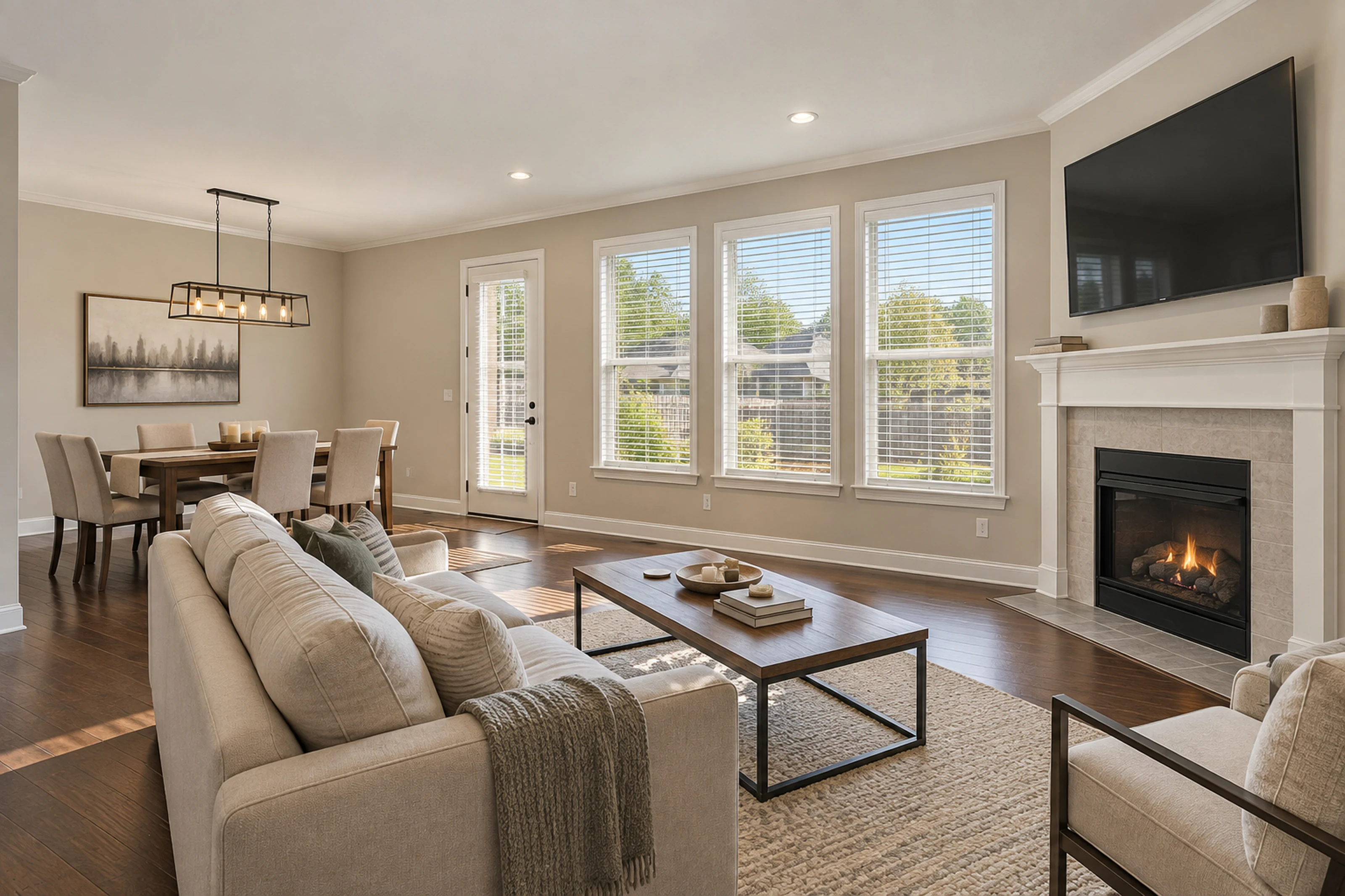 Illustrative open living and dining room with greige walls, a white painted fireplace mantel and tall windows, interior painting for Fairview homes