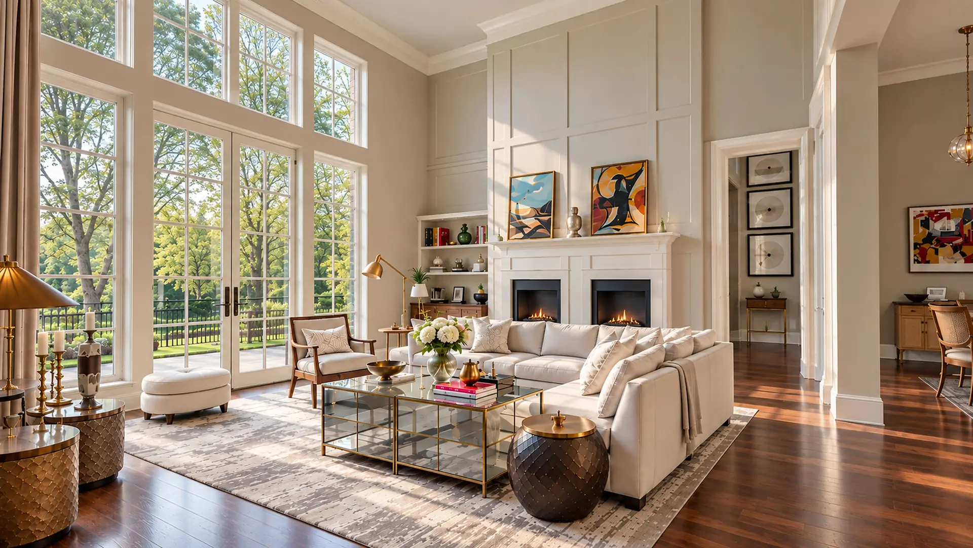 Illustrative sunlit two-story living room with a paneled fireplace wall holding two fireboxes and tall grid windows, interior painting for Bellevue homes