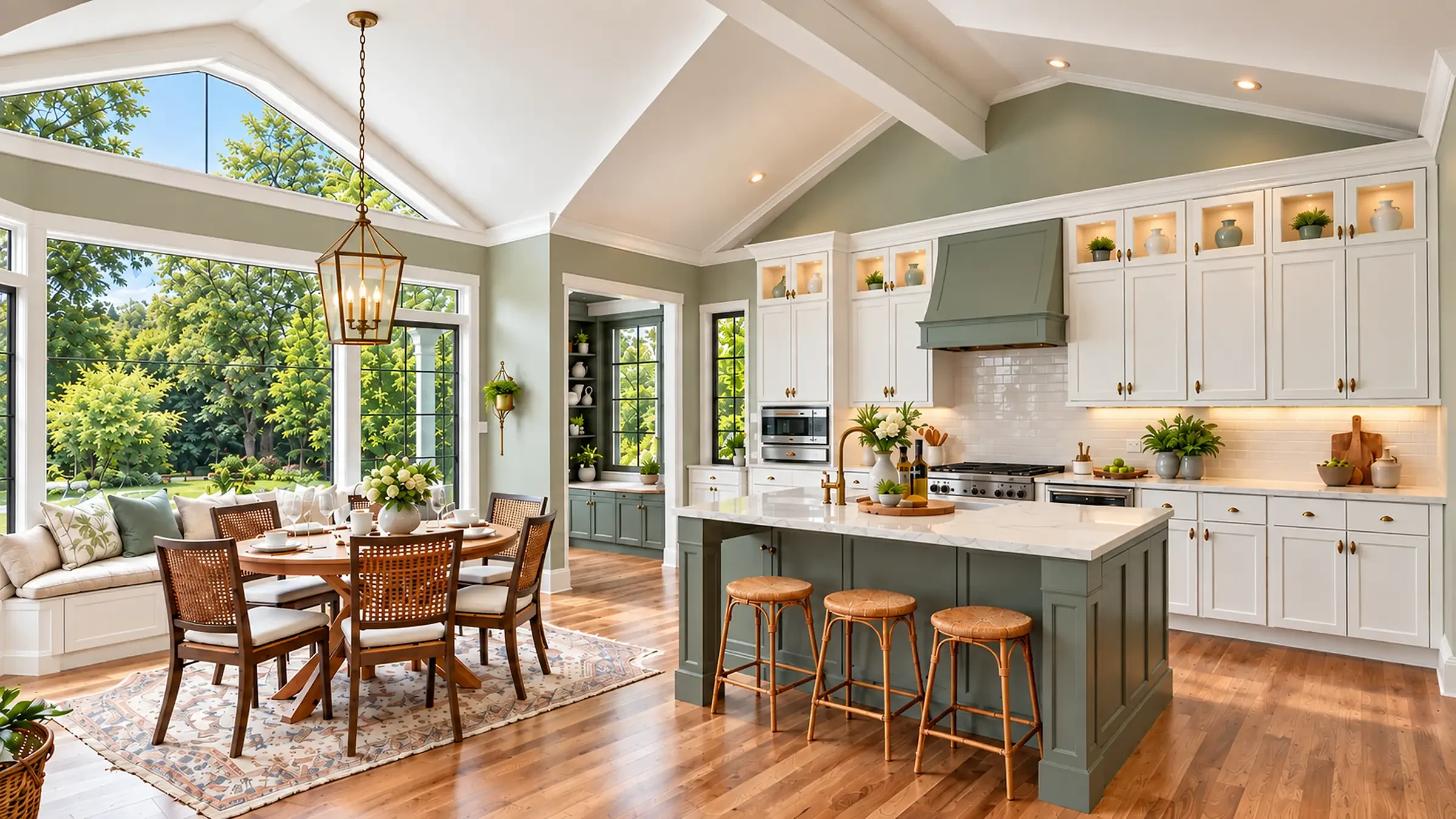 Illustrative vaulted kitchen with white cabinetry and a sage-painted island under tall windows, interior painting for Bellevue homes