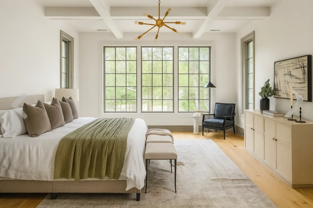 Bedroom with painted walls, a coffered ceiling and crisp white window trim, part of the interior painting we do for Bellevue homes