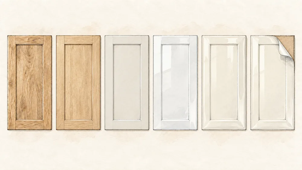 Illustration of six cabinet materials and whether each can be painted: wood and veneer yes, MDF with the right primer, laminate and intact thermofoil after a test, peeling thermofoil no.