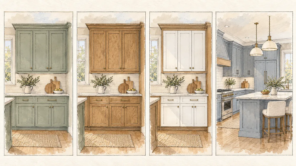 Illustration comparing cabinet painting, refinishing, refacing and replacement, showing what stays and what’s new in each.