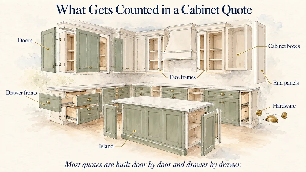 Exploded illustration of kitchen cabinets labeling doors, drawer fronts, face frames, boxes, end panels, island and hardware.