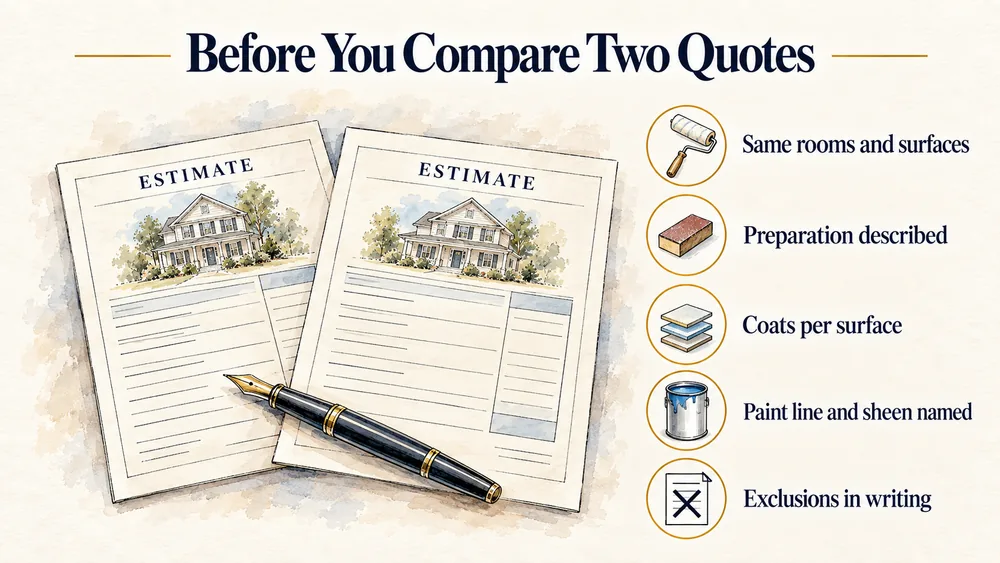 Illustrated checklist for comparing painting quotes: surfaces, preparation, coats, paint line and exclusions.