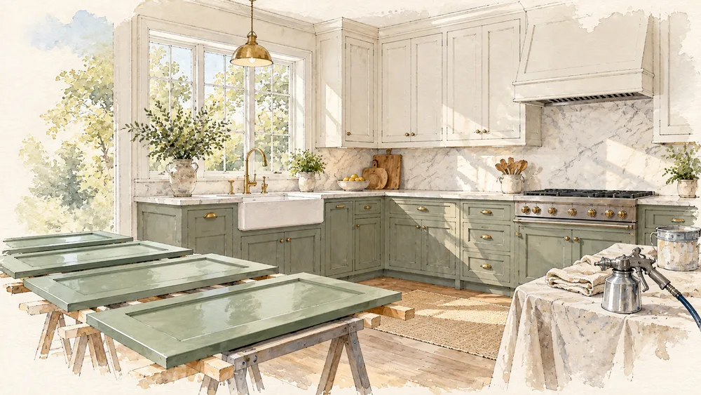 Illustration of a kitchen with sage painted cabinets and freshly painted doors on drying racks.