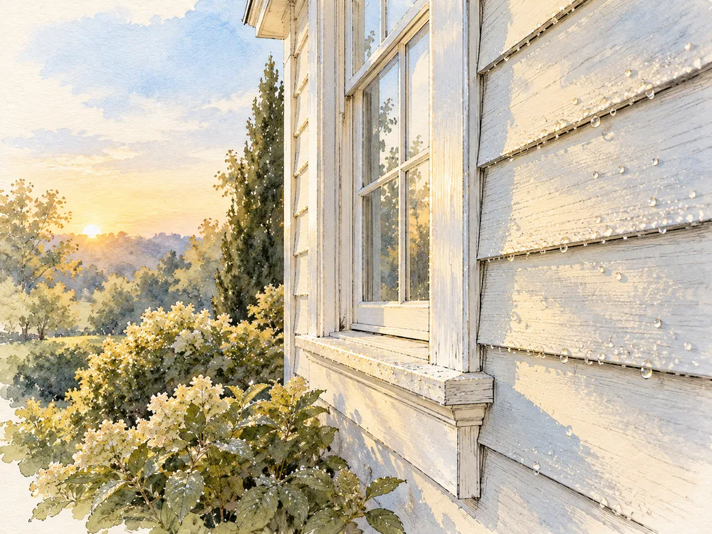 Illustration of painted siding and window trim beaded with dew at sunrise.