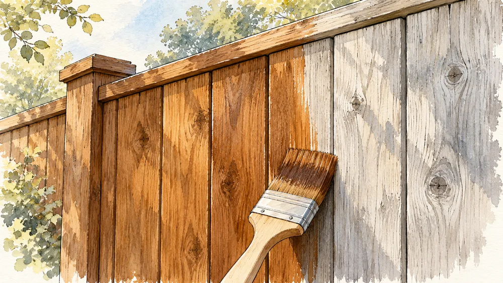Illustration of a privacy fence being stained cedar, with weathered gray boards still to do.