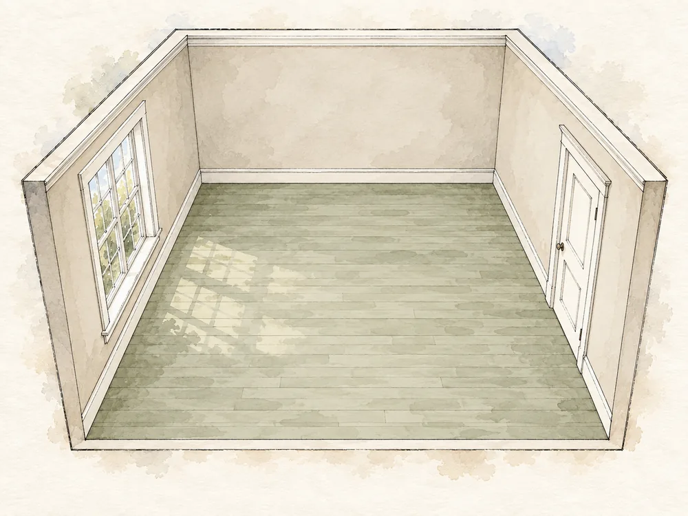 Illustrated 12-by-12 room with 8-foot ceilings showing 144 square feet of floor and 384 square feet of wall.