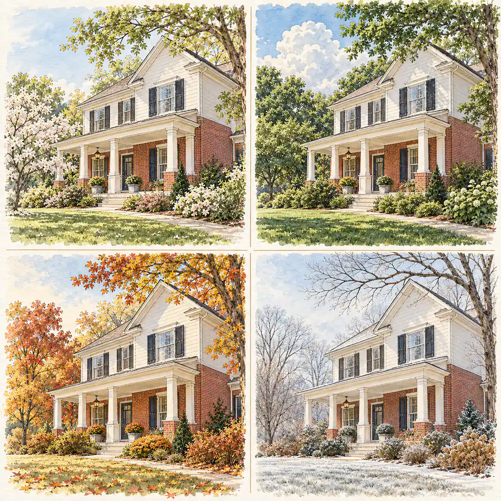 Illustration of the same Middle Tennessee home in spring, summer, fall and winter.