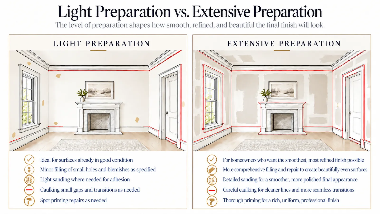Illustration comparing light surface preparation with extensive preparation before painting: filling, sanding, caulking and priming