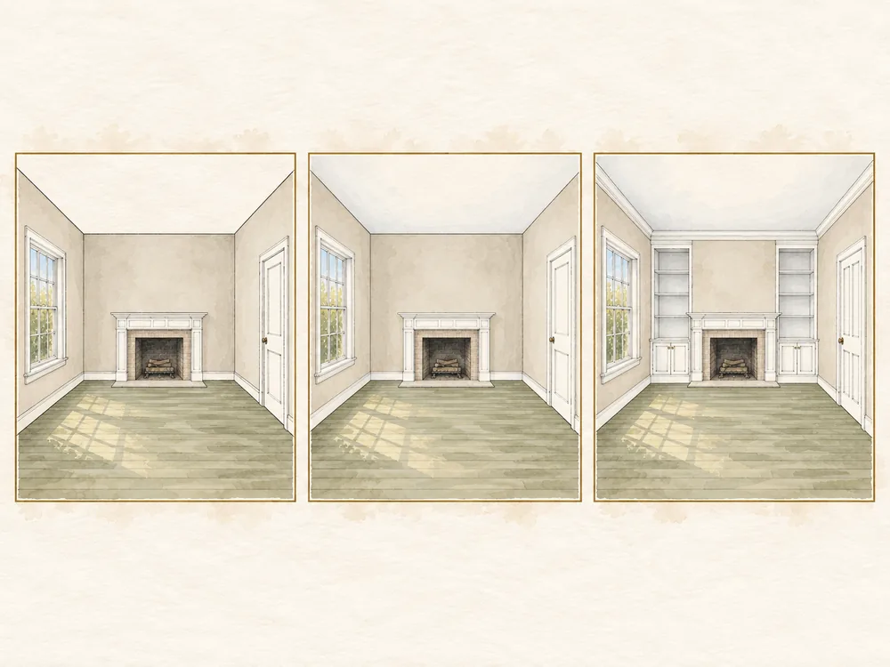 Illustration comparing three painting scopes: walls only; walls, ceilings and trim; and full detail with crown, doors and built-ins.