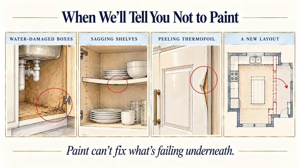 Four illustrated cabinet problems where painting isn’t the right choice: water damage, sagging shelves, peeling thermofoil and a new layout.
